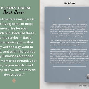 The back cover includes a heartfelt description or blurb encouraging grandparents to jot down meaningful memories with their grandchildren, including what grandkids say and do.