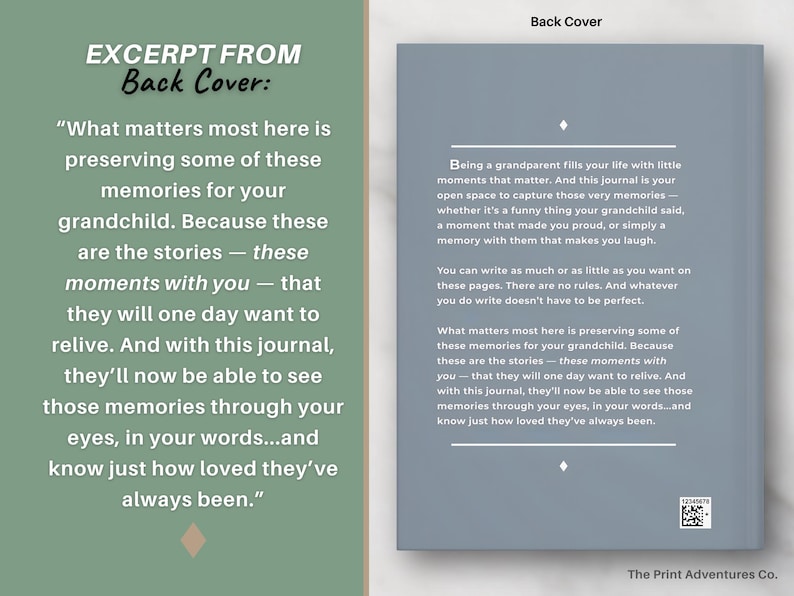 The back cover includes a heartfelt description or blurb encouraging grandparents to jot down meaningful memories with their grandchildren, including what grandkids say and do.