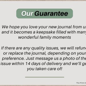 Peut inclure: Sur fond beige clair, un rectangle vert affiche "Our Guarantee". Le texte promet des remboursements ou remplacements en cas de probl&egrave;mes de qualit&eacute; sous 14 jours. The Print Adventures Co. en bas &agrave; droite.