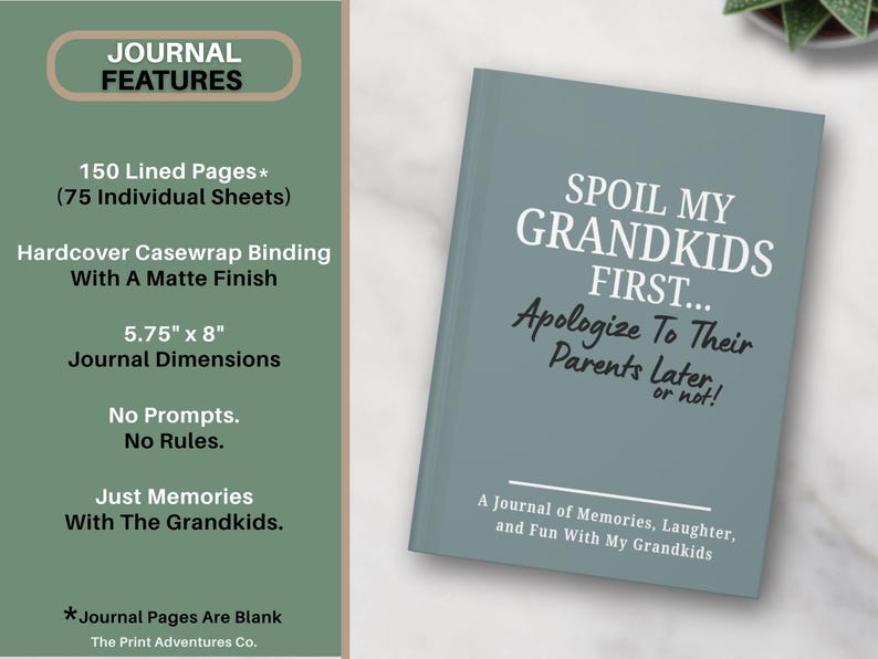 Peut inclure: Un journal avec une couverture mate, avec le texte "SPOIL MY GRANDKIDS FIRST... Apologize To Their Parents Later, or not !" Le journal mesure 14,6 cm x 20,3 cm avec 150 pages lign&eacute;es. Il est con&ccedil;u pour les souvenirs avec les petits-enfants.