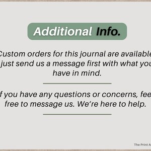 Peut inclure: Fond beige clair avec un rectangle vert portant l'inscription blanche &laquo;&nbsp;Additional Info&nbsp;&raquo;. En dessous, le texte indique&nbsp;: &laquo;&nbsp;Les commandes personnalis&eacute;es pour ce journal sont disponibles - envoyez-nous simplement un message avec ce que vous avez en t&ecirc;te&nbsp;&raquo;.