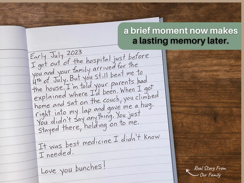 Peut inclure: Cahier ouvert avec texte manuscrit sur papier lign&eacute;. Le texte commence par "Early July 2023" et d&eacute;crit un moment familial. Une banni&egrave;re verte en haut indique "a brief moment now makes a lasting memory later."