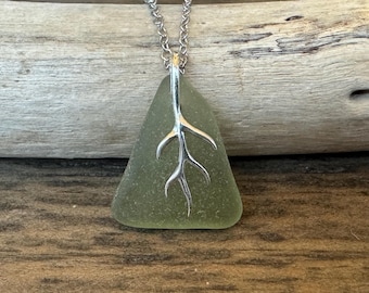Sage Green Sea Glass Necklace: Sterling Silver, Authentic Beach Glass