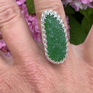 Sterling silver genuine sea glass ring.  Size 6, size adjustable sea glass ring. Emerald green sea glass ring. Handcrafted sea glass ring