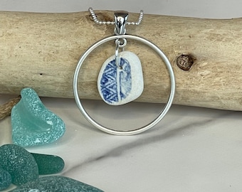 Scottish sea pottery necklace with genuine, rare Scottish sea pottery with blue pattern