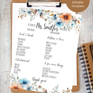 Customizable Teacher Favorite Things Form