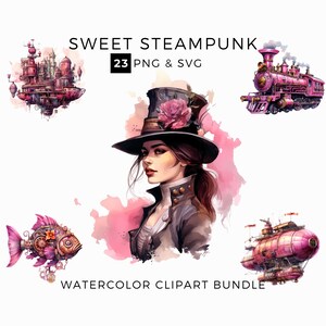 Watercolor Clipart Sweet Steampunk, Watercolor Steampunk PNG & SVG, Victorian Clipart Bundle, Fantasy Clipart, Instant Digital Download