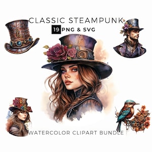 Steampunk Clipart Bundle Watercolor Clipart Fantasy PNG & SVG, Commercial Use Instant Digital Download