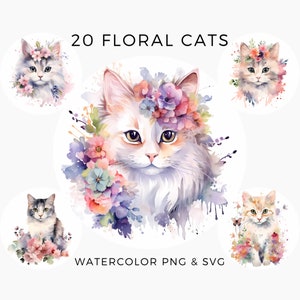 20 Watercolour Floral Kitten Clipart PNG & SVG, Floral Cat, Commercial Use, Cats With Spring Flowers, Cute Cat