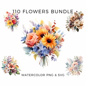 110 Flowers Clipart Bundle PNG & SVG, Wild Floral, Summer, Spring, Pastel, Brown, Commercial Use