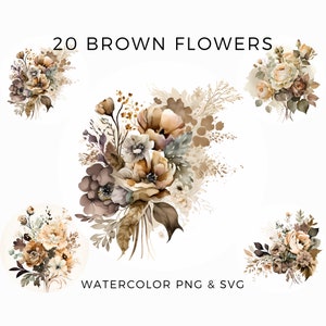 20 flores marrons neutras PNG, buquês de clipart floral em aquarela, uso comercial, clipart digital PNG e SVG