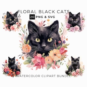 20 Watercolour Floral Kitten Clipart PNG & SVG, Floral Cat, Commercial Use, Cats With Spring Flowers, Cute Cat