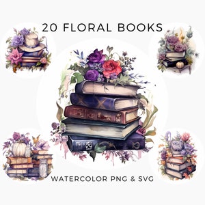 20 Watercolor Floral Books Clipart PNG & SVG, Book Clip Art, Gothic Book Bundle, vintage books stacklibrary clip art, old books, Witch books