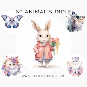 80 PNG & SVG Clipart Tiere, Frühling Floral, Digital Floral Bundle, Kätzchen, Schmetterling, Häschen, Motte, unbegrenzt kommerzielle Nutzung Scrapbook