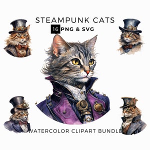 Steampunk Cat ClipArt, Watercolor Steampunk PNG &SVG, Victorian Clipart Bundle, Cat PNG, Commercial Use, Instant Digital Download