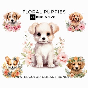 Acuarela Cachorros ClipArt, Animal PNG & SVG, Lindo Paquete de Imágenes Prediseñadas de Perro Floral, Perro PNG, Descarga Digital Instantánea