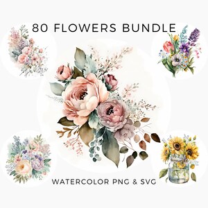 80 Flowers Clipart PNG & SVG, Wild Floral, Digital Graphics Bundle for Unlimited Commercial Use Scrapbook