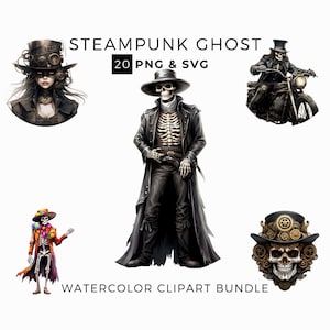 Halloween Clipart, Steampunk Ghost Clipart PNG Bundle, Witch Clipart with Transparent Background for Sublimation Designs