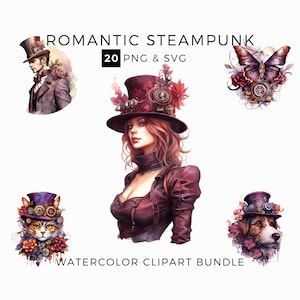 Romantyczny Steampunk ClipArt, Akwarela PNG i SVG, Pakiet Wiktoriański Clipart, Fantasy Clipart, Użytek Komercyjny, Natychmiastowe Pobieranie Cyfrowe