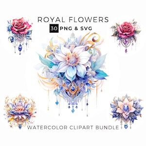 30 aquarel koninklijke bloemen clipart PNG & SVG, fantasie bloemen, magische bloem, juwelen bloem, rozen