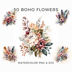 50 Boho Flowers PNG & SVG, Watercolor Floral Clipart Bouquets, Commercial Use, Digital clipart, Feathers
