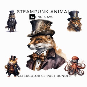 Steampunk Animals ClipArt, acuarela Steampunk PNG & SVG, paquete de imágenes prediseñadas victorianas, animales, uso comercial, descarga digital instantánea