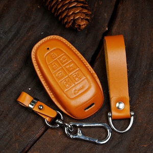 Personalized Hyundai 2023 Palisade Sonata Santa Cruz Grandeur Tucson Ioniq 5 Hybrid Leather Key Fob Cover 4-8 Buttons Remote Case Holster