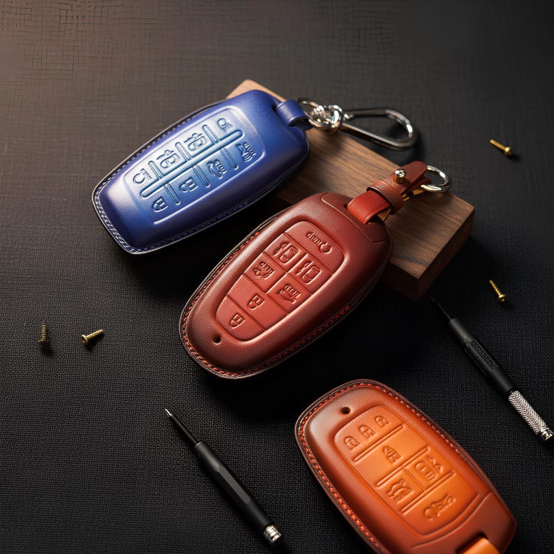 May include: Three car key fob covers in blue, dark brown, and light brown leather. Each cover features embossed button icons, a metal keychain attachment, and visible stitching. Two small screwdrivers and two tiny screws are placed nearby.
