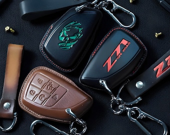 Chevy Silverado Leather Key Fob Cover – Handmade Remote Holder for Z71, ZR2, SRT, High Country, WT, LT, Colorado; Custom Embossed Logos...