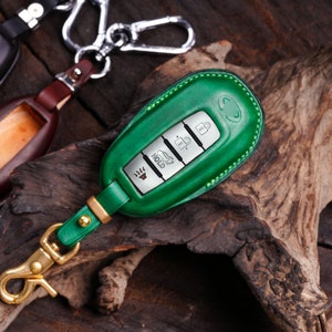 Leather Key Fob Cover for 2019-2022 Nissan & Infiniti Rogue Maxima Murano Altima Q50 Q60 QX50 QX55 with Personalized Keychain and Name Tag