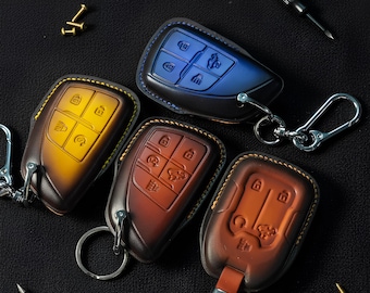 Patina Leather Key Fob Cover Fits Yukon Tahoe Suburban 2021–2023, Leather Remote Case for Men, Handmade Keychain Included Gift