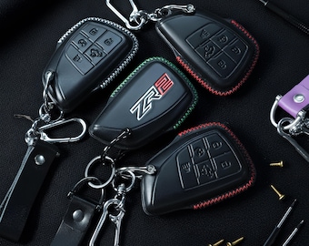Leather Key Fob Cover for Chevy  Models Silverado Colorado Suburban Tahoe  RST Z71 ZR2 2500HD 1500  Remote Holder with Keychain Clip