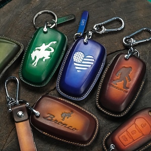Ford Bronco 2023 2024 Sport, F-150, Mustang Leather Key Fob Cover: Embossed Horse Keyring, PINK Accessory, Airpods Case, Gift for Women Men