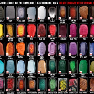 May include: A color chart displaying various key fob covers in an array of colors, including black, white, red, blue, and green. Each cover is labeled with its corresponding color name, such as "Deep Grey," "Patina Brown," and "Light Purple."