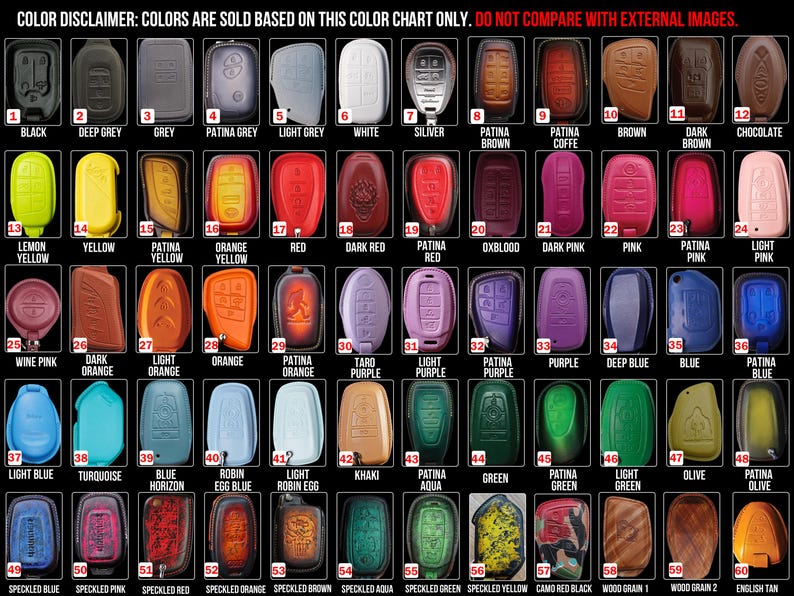 May include: A color chart displaying various key fob covers in an array of colors, including black, white, red, blue, and green. Each cover is labeled with its corresponding color name, such as "Deep Grey," "Patina Brown," and "Light Purple."