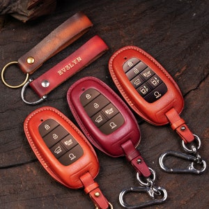 Personalization Leather Key Fob Cover for Nexo, Santa Fe, Sonata, Tucson (2019-2024) Personalized Initials Embossing Included Gift