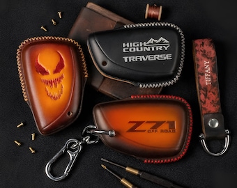 Chevy High Country Key Fob Cover Leather 2025 Traverse Silverado Tahoe Yukon Sierra Denali 2023-2024 Custom Logo Patina Color with Lanyard