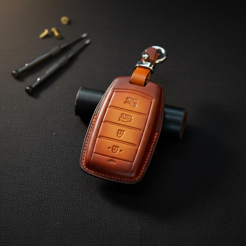 May include: A tan leather car key fob cover with embossed button icons, including a trunk release, lock, and unlock symbols. The cover features visible stitching along the edges and a silver metal attachment ring at the top, accompanied by two small screwdrivers.