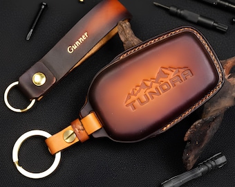 Patina Coffee Toyota Tundra 2022-2024 TRD Pro Leather Key Fob: Custom Stamp Emblem, Keyless Keyring for Pickup Truck - Unique Remote Holder