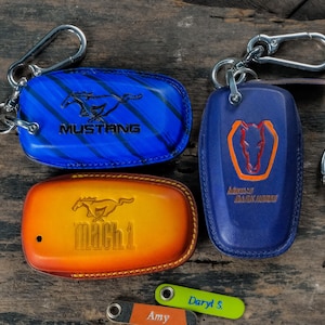 Mustang Dark Horse Leather Key Fob Cover for Mach-E, Mach 1, Shelby, Coyote V8– Custom Keychain Remote Holder with Horse Stamp & Clip Hook