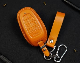 Personalized  2023 Palisade Sonata Santa Cruz Grandeur Tucson Ioniq 5 Hybrid Leather Key Fob Cover 4-8 Buttons Remote Case Holster