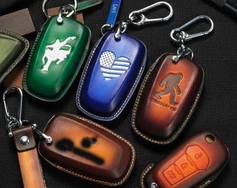 Custom Handmade Leather Key Fob Cover for Bronco Sport & Bronco SUV, Embossed Horse, Monkey or Personalized Logo
