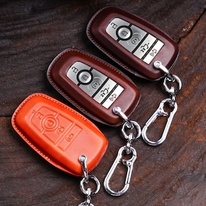 Leather Key Fob Case for 2021-2023 Ford Ranger Maverick Explorer F150 F250 Tremor with Flip Key Mountain Emblem and Keyless Remote Holder