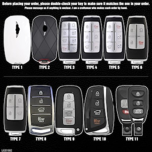 May include: A collection of eleven car key fobs, each with a unique design. The keys are black, silver, and white, with various button configurations. Text at the top advises to double-check the key before ordering. The keys are labeled Type 1 through Type 11.