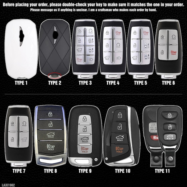 May include: A collection of eleven car key fobs, each with a unique design. The keys are black, silver, and white, with various button configurations. Text at the top advises to double-check the key before ordering. The keys are labeled Type 1 through Type 11.