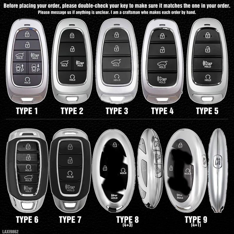 May include: A collection of car key fobs in various designs, labeled Type 1 through Type 9. The keys have a silver or black finish with buttons for locking, unlocking, and other functions. The text at the top says to double-check the key before ordering.