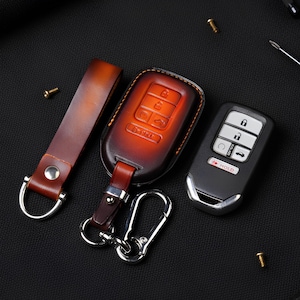 Leather Key Fob Cover for Honda Fits Accord Civic Pilot, CR-V, Vezel, HRV, Jazz, Jade 3, 4, 5, 6 Button Cases Remote Holder, Car Accessories