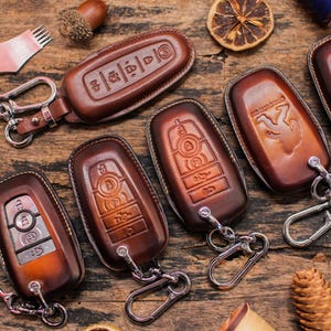 F-150 king Leather Key Fob Cover Case Remote Holder with Stamp for Ford Explorer, Expedition, F-250 Super Duty