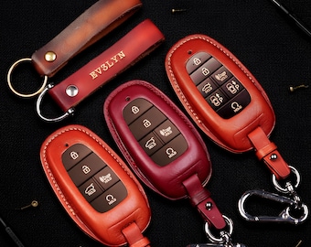 Personalization Leather Key Fob Cover for fit Nexo, Santa Fe, Sonata, Tucson (2019-2024) Personalized Initials Embossing Included Gift