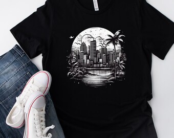 Cartoon Miami City Black and White T Shirt Design Men/Women